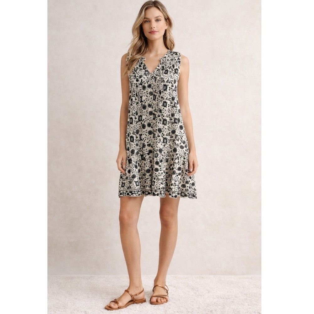 Max Studio Floral Mini Dress Boho Ruffle Tie Neck Size L